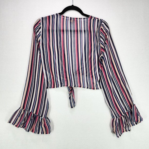 Guess Cropped Top Womens Large Sheer Long Sleeve Ruffle Striped Tie Front - Picture 2 of 9